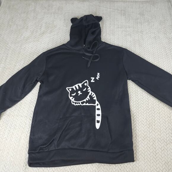 Women Teen Hoodie Sweatshirt W/ Cat Ears Sleeping Cat Printed Pullover Sz Medium - Picture 3 of 9